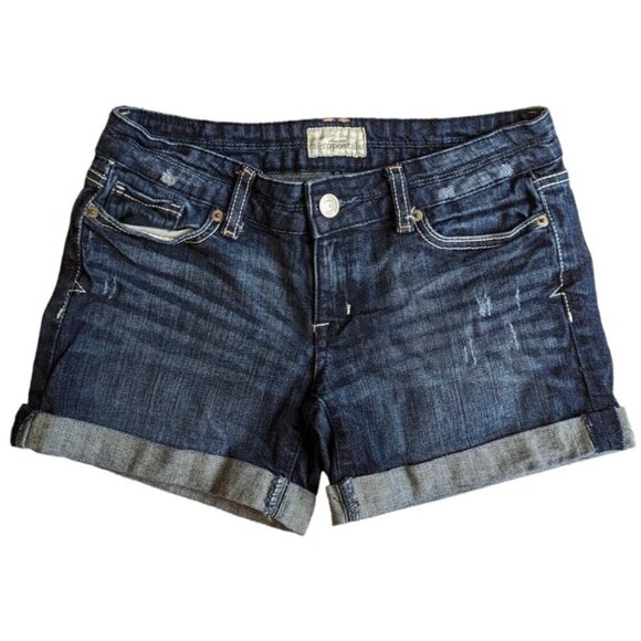 Size 0 Aeropostale Denim Roll Hem Low Rise Shorts Classic Dark Wash Distressed - Picture 1 of 3